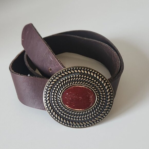 SMART SET | Leather belt wooden metal buckle brown sz M - Picture 1 of 5